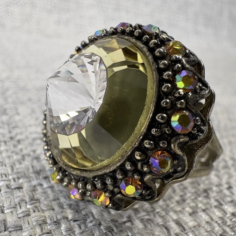Vintage Style Large Yellow Glass Statement Ring AB Rhinestones Antique Gold Tone